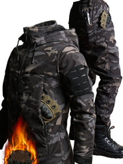 Men's Autumn and Winter Plush and Thick Fleece Suit Jacket, Long Pants, Warm Outdoor Wear Resistant Hiking, Multi Pocket Plush Suit Jacket Set, Detachable Hat Zipper Outdoor Jacket Set, Workwear Camouflage
