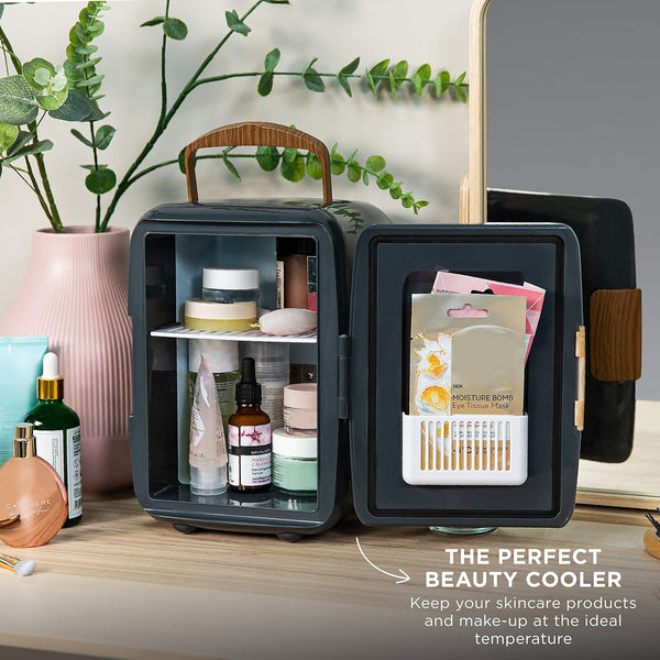 Russell Hobbs RH4CLR1001SCG 4L/6 Can Mini Portable Cooler & Warmer for Drinks, Cosmetics/Makeup/Skincare, AC/DC Power, Scandi Style, Grey & Wood Effect, for Bedroom, Home, Caravan, Car