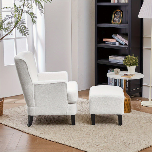 White Teddy Fabric Lounge Chair with Ottoman - 69x58x85.5cm Plush Armchair, Sponge Cushion & Plywood Frame, for Living Room/Bedroom (Black Wooden Legs)