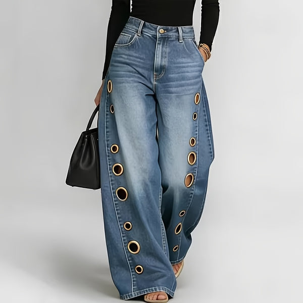 New Retro Style Denim Jeans for Women, with Metal Eyelets Designed for Casual And Loose Fit, High Waisted And Wide Leg Jeans, Street Cool Women'S Clothing, Black Retro Blue Light Blue Women'S Straight Leg Denim Pants