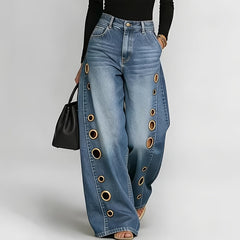 New Retro Style Denim Jeans for Women, with Metal Eyelets Designed for Casual And Loose Fit, High Waisted And Wide Leg Jeans, Street Cool Women'S Clothing, Black Retro Blue Light Blue Women'S Straight Leg Denim Pants
