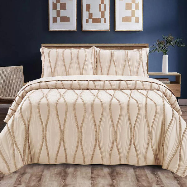 Luxury 3-Piece Embossed Quilted Bedspread Set – Super Soft All-Season Microfiber Comforter with Matching Pillow Shams, Elegant Wave Design, Bed Throw Single Double King Size, Lightweight Yet Warm Modern Bedding Set, Ideal for Modern or Traditional Homes