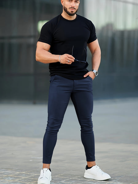 Heyfanee Men's Slim-Fit Elastic Waist Trousers - Khaki Low-Rise Casual Pants with Button Closure & Pockets, All-Season Machine Washable for Daily Wear, Durable Fabric