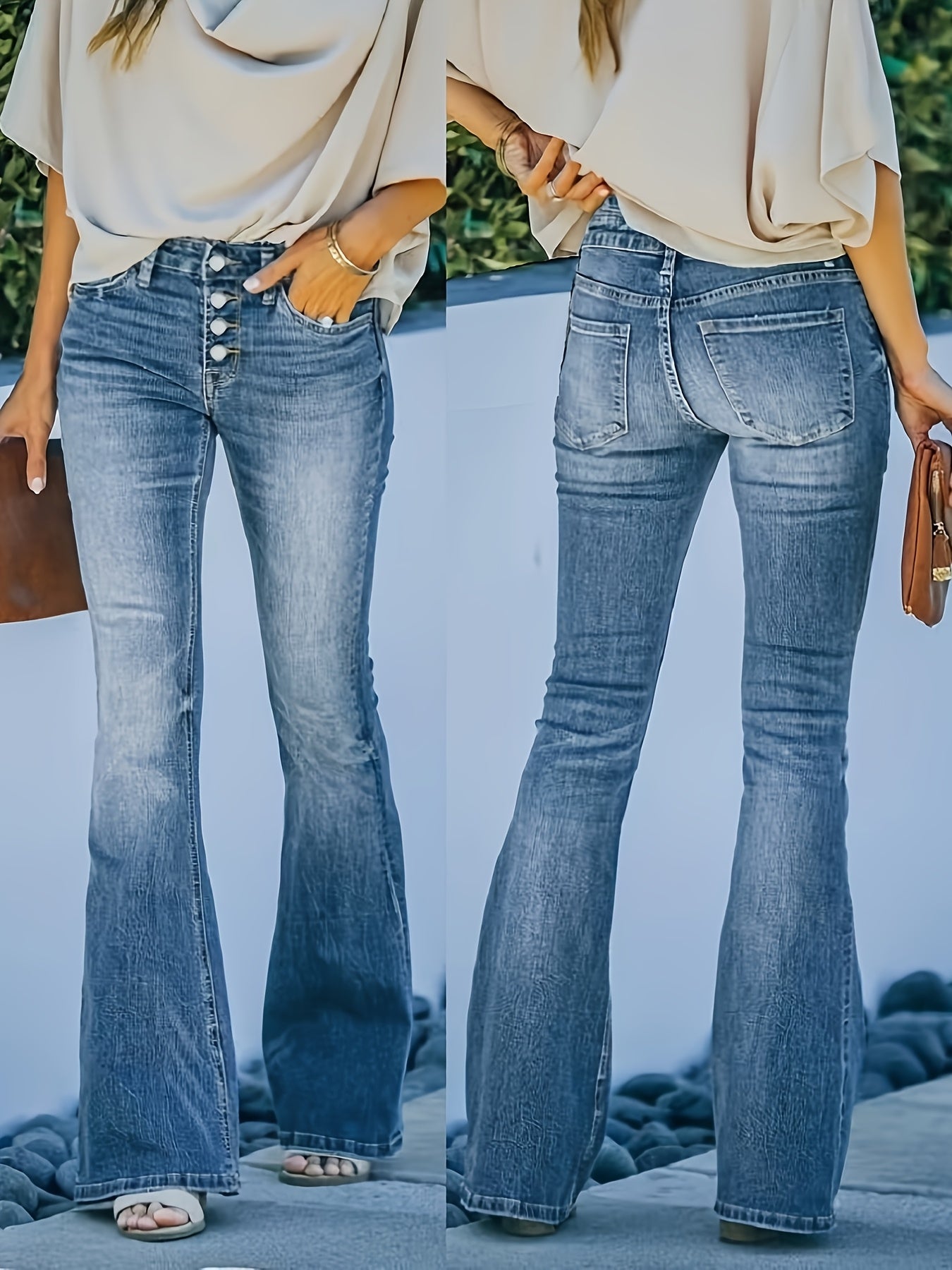 2025 New Women'S High-Stretch Flared Pants, Mid-Rise Fitted, Solid Hue, Suitable for All Seasons (55%, 43%, 2% Elastic Fiber), Button Closure, Pockets, Urban Style, Long - Out
