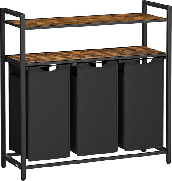 VASAGLE Laundry Basket, Laundry Hamper with 4 Pull-Out and Removable Laundry Bags, 2 Shelves, 4 X 40 L, for Laundry Room, Rustic Brown and Black BLH214B01