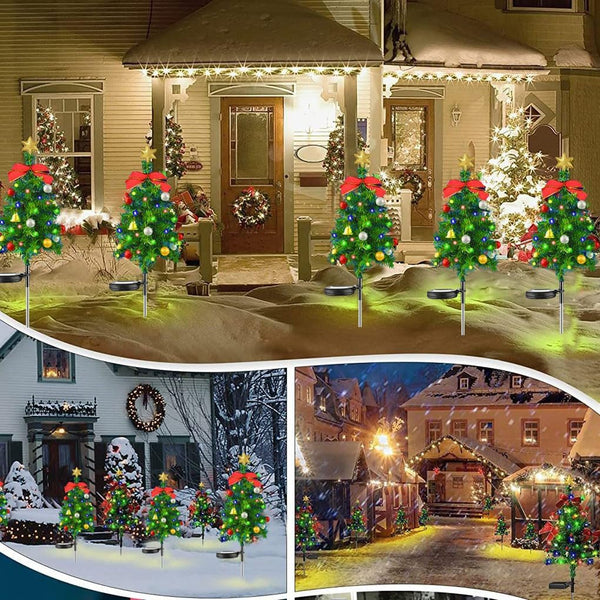 2 Set Solar Xmas Christmas Tree & Pathway Lights - Waterproof Outdoor Decor with Bow & Bell