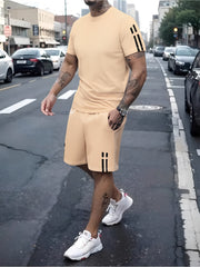 A Stylish Two-Piece Summer Outfit for Men, Featuring a Short-Sleeve Round-Neck T-Shirt And Shorts with Pockets
