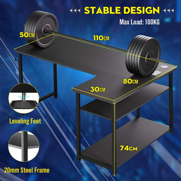 L Shaped Gaming Desk with Power Outlets Corner Computer Desk 110x80CM with Shelves Headphone Hook PC Table Workstation for Home Office Bedroom