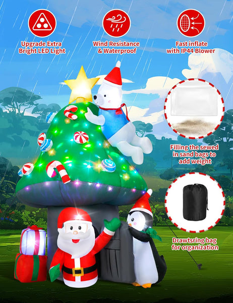 213Cm/7Ft Inflatable Mushroom House Decoration – Outdoor Inflatables with Santa, Penguin, White Bear, Blow up Yard Decor