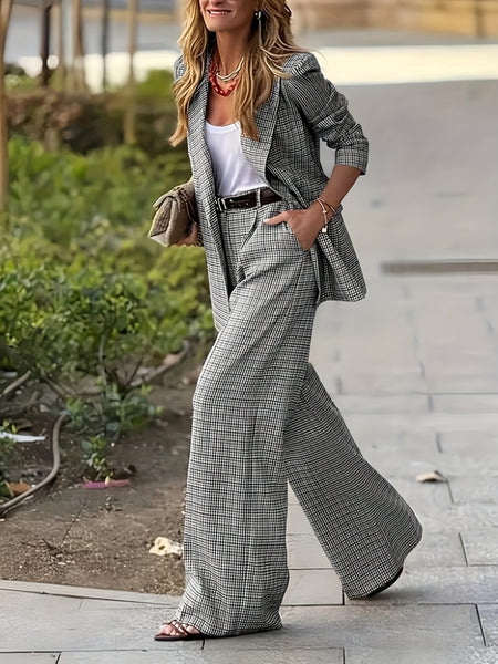 New Women'S Product: Lined Plaid Suit Jacket Top + Plaid Wide-Leg Pants Suit, Fashionable And Elegant for Commuting, Going Out, Professional Office, Street Style, Airport Daily Wear Suit Two-Piece Set, Suitable for Spring And Autumn Wear