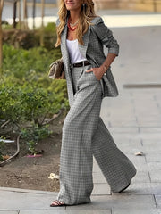 New Women'S Product: Lined Plaid Suit Jacket Top + Plaid Wide-Leg Pants Suit, Fashionable And Elegant for Commuting, Going Out, Professional Office, Street Style, Airport Daily Wear Suit Two-Piece Set, Suitable for Spring And Autumn Wear