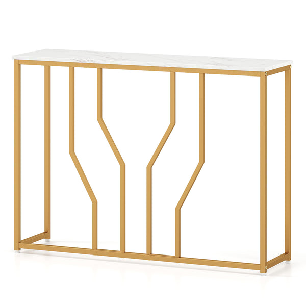 ERGOMASTER Gold Console Table, Modern White Faux Marble Entryway Table, Narrow Sofa Side Table with Geometric Metal Frame, for Living Room, Hallway & Entrance, 110 x 30 x 80 cm