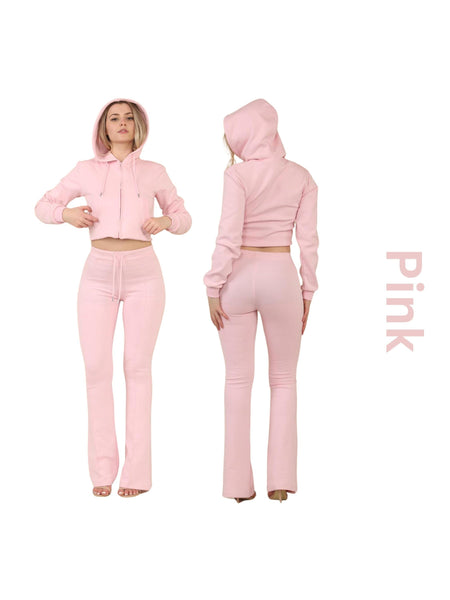 ZIPLORE Women'S Cropped Zip Hoodie and High-Waisted Bell Bottom Trousers Lounge Set for Casual, Athleisure & Streetwear - Suits, Womenswear Long Sleeve Minimalist Suits Womenswear Comfort Adjustable Clothing Drawstring Elegant Everyday Chic Loungewear Mat