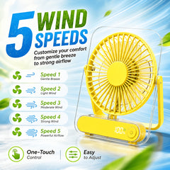 Mini Portable USB Fan Desktop Fan Rechargeable, Ultra-Quiet 5-Speed Adjustment Foldable 180 Degree Adjustable with LED Display for Office, Home, Outdoor, Camping And Travel