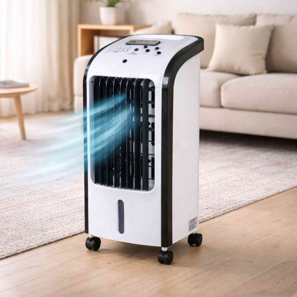 Portable Evaporative Air Cooler with Humidifier – 4L Tank, Remote Control, 2 Ice Packs, 3 Speeds, 7.5-Hour Timer, Auto Swing, Bedroom Room Cooler with Wheels