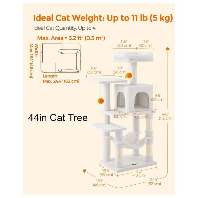 112 cm Cat Tree, Multi-Level Soft Plush Cat Tree, Cat Tower Condo with 4 Cat Scratching Posts, Hammock, Cave, Platform, Toys, Pink/White/Beige/Grey, Easy Assembly and Sturdy, Indoor Cat Furniture