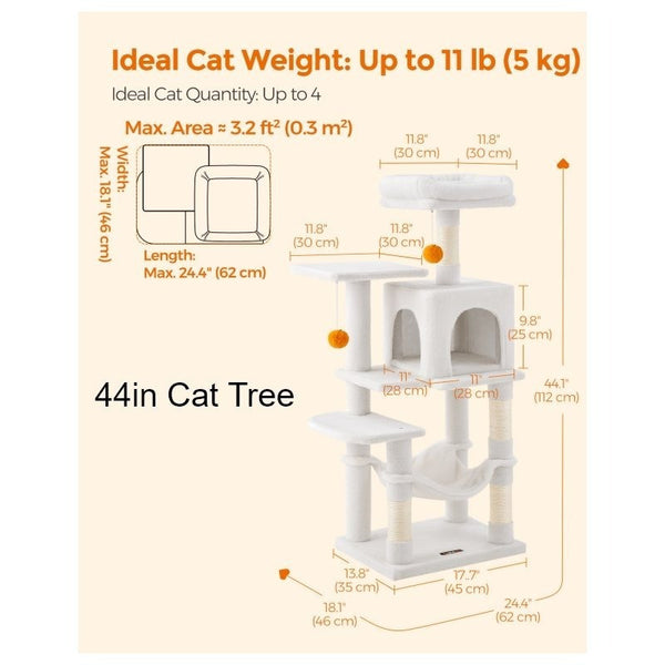 112 cm Cat Tree, Multi-Level Soft Plush Cat Tree, Cat Tower Condo with 4 Cat Scratching Posts, Hammock, Cave, Platform, Toys, Pink/White/Beige/Grey, Easy Assembly and Sturdy, Indoor Cat Furniture