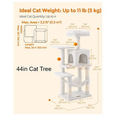 112 cm Cat Tree, Multi-Level Soft Plush Cat Tree, Cat Tower Condo with 4 Cat Scratching Posts, Hammock, Cave, Platform, Toys, Pink/White/Beige/Grey, Easy Assembly and Sturdy, Indoor Cat Furniture