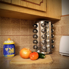 1Set Rotating Spice Rack with Glass Containers - 20pcs Refillable Spice Jars, Black Lids & Labels, Wall-Mounted Kitchen Organizer for Spices, Herbs, and Seasonings, Space-Saving Design for Countertop or Pantry, Spice Jars for Kitchen, Countertop Storage,