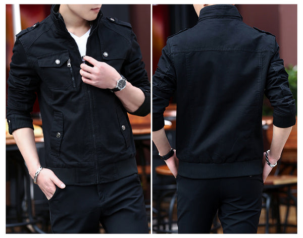 Men'S Solid Color Plaid Lining Cargo Jacket Autumn And Winter Multi-Pocket Design Stylish Long Sleeve Stand Collar Street Jacket Outdoor Coat Locomotive Jacket