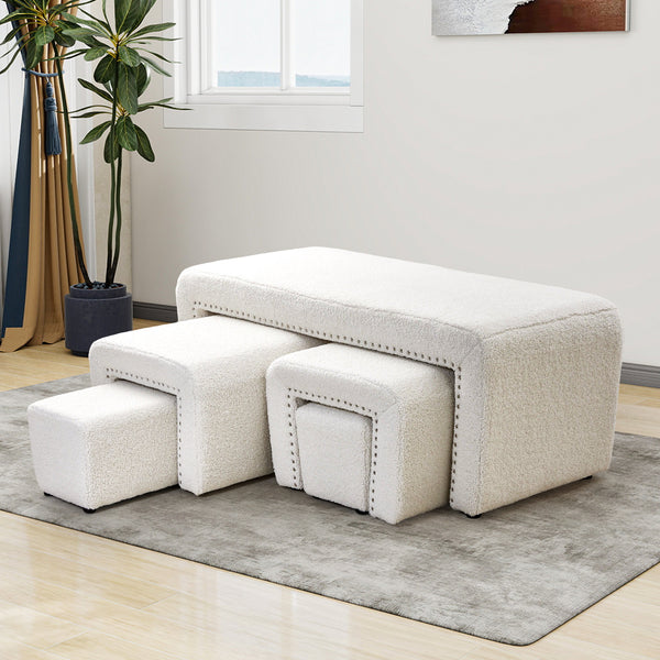 Boucle Fabric Bed End Stool 5-piece Set, Leisure Changing Shoes Stool, 5 Combination Stools, Sofa Footrest, Soft and Comfortable Bedside Bench, Suitable for Living Room Bedroom Rest Room