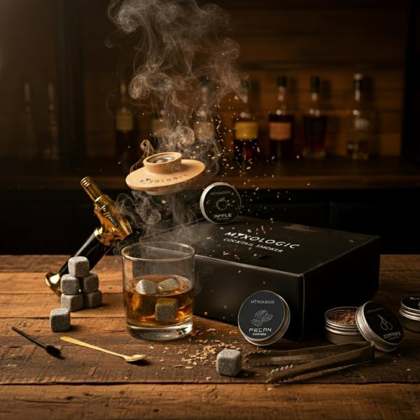 MIXOLOGIC Whiskey Smoker Kit with Torch, 6 Wood Chips, Ice Stones & Accessories, Old Fashioned Whisky Set, Cocktail Smoker for Drinks, Bourbon Infuser, Gift for Men, Husband, Dad (No Butane)