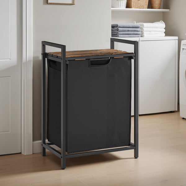 Laundry Hamper, Laundry Basket with Pull-Out Liner, Shelf, Metal Frame, 12.7 Gallons, Rustic Brown and Black