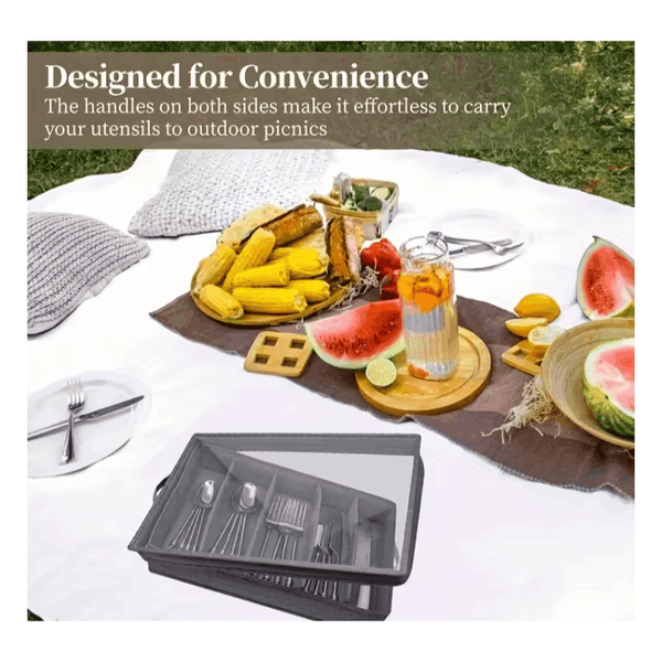 1pc 5-Compartment Fabric Flatware Organizer with Clear Lid - Portable Tension-Mounted Utensil Storage Box for Kitchen, Camping, Picnics - Chopsticks, Knife, Fork, Spoon Organizer, Picnic Flatware Holder | Stylish Table Accessory | Tension Mount Closure