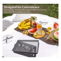 1pc 5-Compartment Fabric Flatware Organizer with Clear Lid - Portable Tension-Mounted Utensil Storage Box for Kitchen, Camping, Picnics - Chopsticks, Knife, Fork, Spoon Organizer, Picnic Flatware Holder | Stylish Table Accessory | Tension Mount Closure