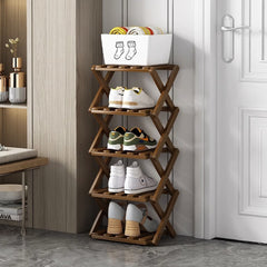 4/5/6/7 Tiers Bamboo Wooden Shoe Rack, Vertical Shoe Racks Storage Shelves Tall Shoe Tower, Collapsible Narrow Shoe Stand, Installation Free Folding X-Shape Shoe Racks Sneakers Slippers Holder Organizer, Multi Functional Shoe Rack Durable Footwear Cabinet