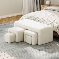 Boucle Fabric Bed End Stool 5-piece Set, Leisure Changing Shoes Stool, 5 Combination Stools, Sofa Footrest, Soft and Comfortable Bedside Bench, Suitable for Living Room Bedroom Rest Room