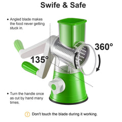 Rotary Vegetable Shredder 3 in 1 Rotary Cheese Grater Round Vegetable Mandoline Blades Handheld Fruit Vegetable Slicer Shredder for Fruit Nut and Vegetable Grate Green
