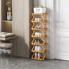 4/5/6/7 Tiers Bamboo Wooden Shoe Rack, Vertical Shoe Racks Storage Shelves Tall Shoe Tower, Collapsible Narrow Shoe Stand, Installation Free Folding X-Shape Shoe Racks Sneakers Slippers Holder Organizer, Multi Functional Shoe Rack Durable Footwear Cabinet