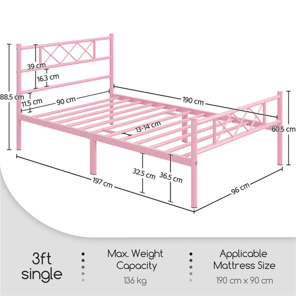 Costoffs Bed Frame, Simple Metal Bed Frame, Metal-Framed Bed Base with Storage, Bed Foundation for Small Space, Easy Assembly Bed Foundation with Cross-design Headboard and Footboard for Bedrooms, Single/Double/king, Black/White/Pink