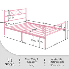 Costoffs Bed Frame, Simple Metal Bed Frame, Metal-Framed Bed Base with Storage, Bed Foundation for Small Space, Easy Assembly Bed Foundation with Cross-design Headboard and Footboard for Bedrooms, Single/Double/king, Black/White/Pink