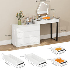 Corner Vanity Desk With Mirror And LED Lights - White Makeup Vanity Table With Clear Glass Top Jewelry Storage Rack And 5 Drawers