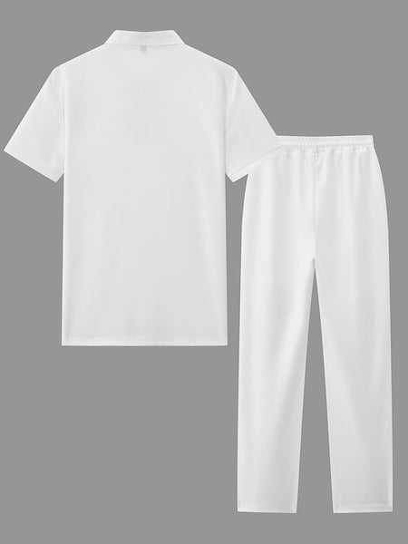 Men's Waffle Casual Suit Top Short Sleeve Turnover Collar Shirt Bottom Leisure Pants Comfortable and Clean Suitable for Spring and Summer Wear