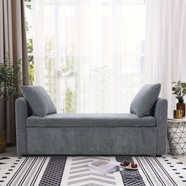 1pc Modern Grey Velvet Storage Ottoman Bench - Lift-Top Padded Seat with 2 Decorative Pillows | Multi-Functional Toy Chest & Shoe Organizer for Entryway, Living Room & Bedroom (Space-Saving Design)