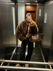 PEACHYZL Women'S Elegant Faux Fur Coat - Thickened Winter Jacket with Plush Lining, Loose Fit Long Sleeve Coat for Fall/Winter, BrownRed/