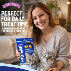 Pure Breed Mischief Cat Treats 6 Pack | Salmon Flavour Pillow Snacks for Cats | Crunchy Outside & Creamy Inside | Low Calorie Dual Texture Cat Bites (Only 2 kcal Each) | Natural Resealable Cat Treat Pouches