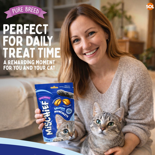 Pure Breed Mischief Cat Treats 6 Pack | Salmon Flavour Pillow Snacks for Cats | Crunchy Outside & Creamy Inside | Low Calorie Dual Texture Cat Bites (Only 2 kcal Each) | Natural Resealable Cat Treat Pouches