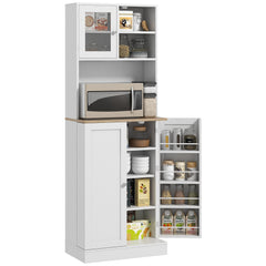 169cm Kitchen Cupboard, Freestanding Storage Cabinet with Microwave Shelf, Adjustable Shelves & 8 Door Storage, Modern Kitchen Pantry with Glass Door for Living Room, Dining Room, White