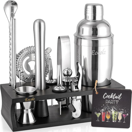 Cocktail Making Set, Cocktail Shaker Set 750Ml Stainless Steel Bar Tool Set Bartender Kit with Bamboo Display Stand for Home & Bar (Black Silver - 17PCS)