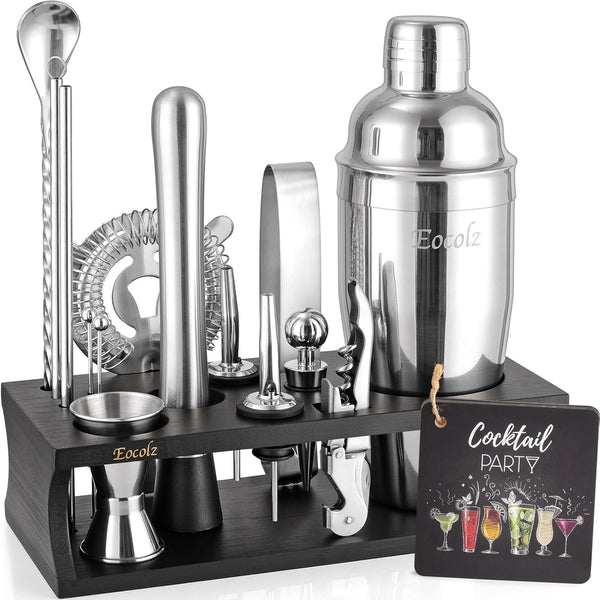 Cocktail Making Set, Cocktail Shaker Set 750Ml Stainless Steel Bar Tool Set Bartender Kit with Bamboo Display Stand for Home & Bar (Black Silver - 17PCS)