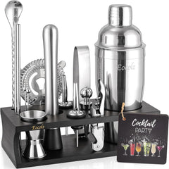Cocktail Making Set, Cocktail Shaker Set 750Ml Stainless Steel Bar Tool Set Bartender Kit with Bamboo Display Stand for Home & Bar (Black Silver - 17PCS)