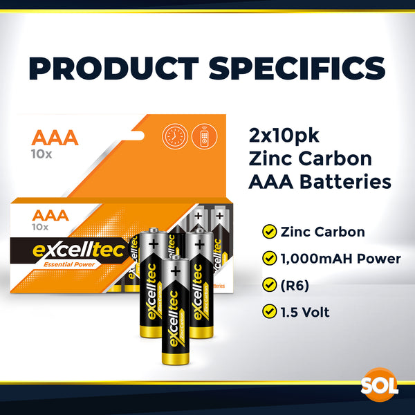 20 Pack Excelltec AA / AAA Batteries | 1.5V Zinc Carbon Dry Cell 1000mAh Battery for Low Drain Devices | Non-Rechargeable Primary Cell Batteries for Remote Controls, Clocks, Flashlights, Alarms, Radios & More | Long Shelf Life Disposable AA AAA Battery Pa