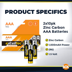 20 Pack Excelltec AA / AAA Batteries | 1.5V Zinc Carbon Dry Cell 1000mAh Battery for Low Drain Devices | Non-Rechargeable Primary Cell Batteries for Remote Controls, Clocks, Flashlights, Alarms, Radios & More | Long Shelf Life Disposable AA AAA Battery Pa