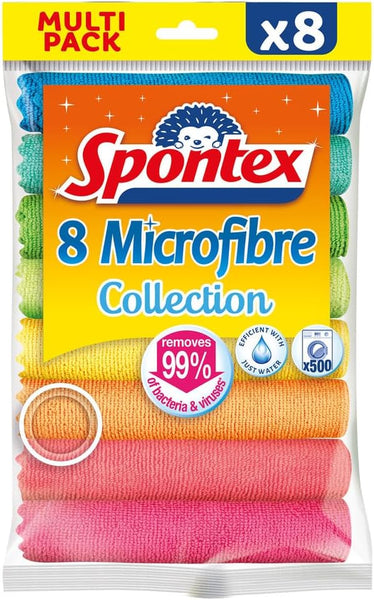Spontex Microfibre Cloths for Cleaning | 8 Microfibre Collection Cleaning Cloths | for Use as Dusters, Dish Cloths & Kitchen Towels | 30 X 30Cm | Assorted Colours | 8 Count