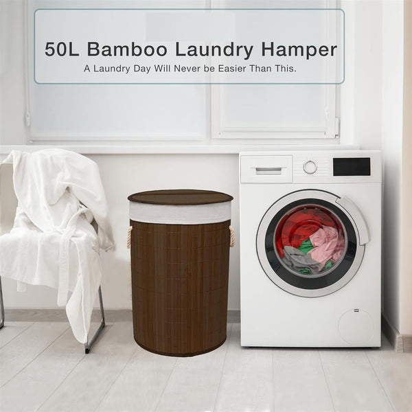 50L Folding Bamboo Laundry Basket Bin Hamper Basket Clothes Storage Organizer With Lid & Removable Washable Bag Carry On Handles
