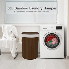 50L Folding Bamboo Laundry Basket Bin Hamper Basket Clothes Storage Organizer With Lid & Removable Washable Bag Carry On Handles